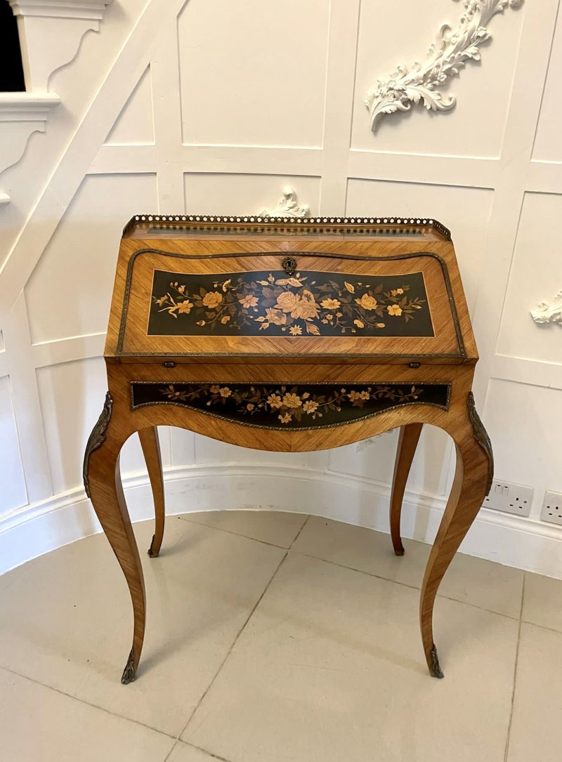 Antique Victorian Quality Satinwood Freestanding Marquetry Inlaid French Bureau - Image 2